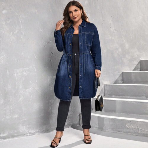Plus Size Tight Waist Denim Shirt Coat – Fall & Winter