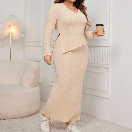 Plus Size Loose Long Sleeve Asymmetric Skirt Set