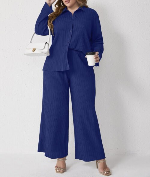 Plus Size Pleated Loose Shirt & High-Waist Trousers Spring-Autumn Two-Piece S
