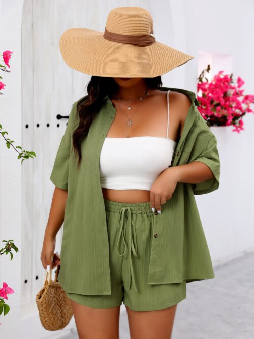 Plus Size Short Sleeve Shirt & Wide-Leg Shorts Summer Set