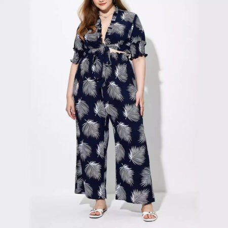 Plus Size Hawaiian Print Short Sleeve Top & Pants Summer Two-Piece Set