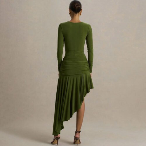 Pleated Asymmetric Slim Maxi Dress for Autumn Winter
