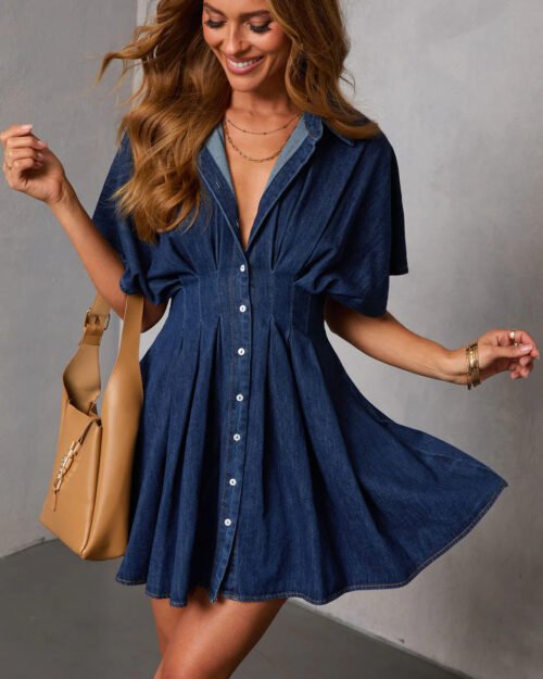 Elegant Waist Denim Short Sleeve Dress