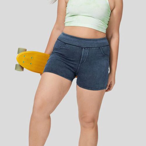 Plus Size High Waist Denim Yoga Shorts with Slimming Fit & Pockets