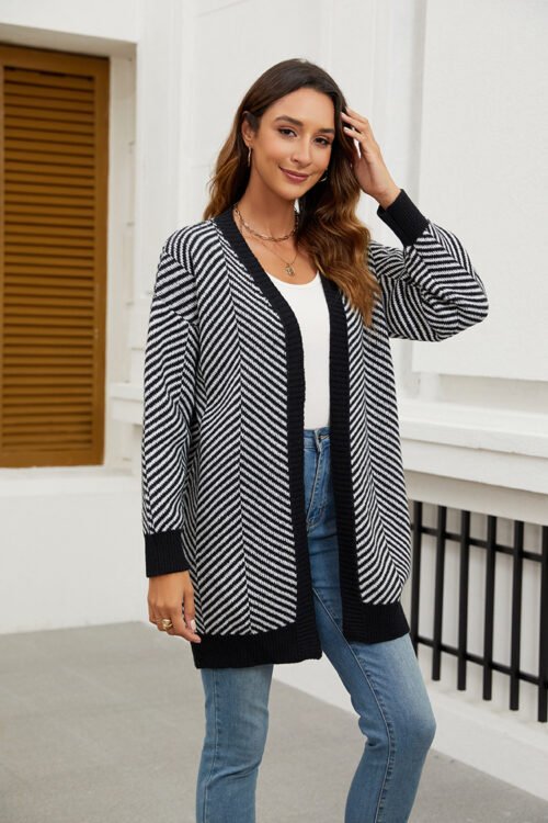 Striped Contrast Long Knit Cardigan Coat