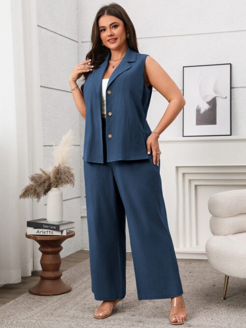 Plus Size Summer Green Sleeveless Vest & Wide-Leg Pants Casual Two-Piece Set