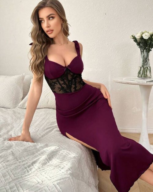 Lace See-Through Corset Dress with High Slit