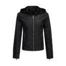 Plus Size Fleece-Lined Faux Leather Hooded Slim Jacket