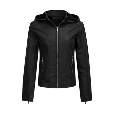Plus Size Fleece-Lined Faux Leather Hooded Slim Jacket