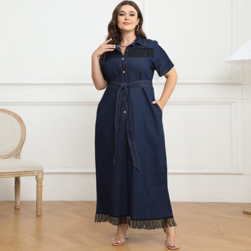 Plus Size Short Sleeve Tassel Button Belt Maxi Dress