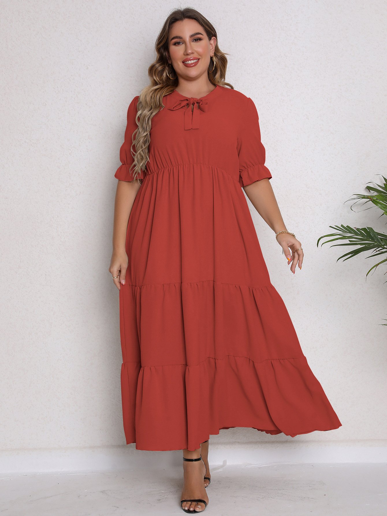 Plus Size Round Neck Bow Detail Summer Dress