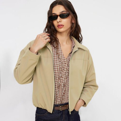 Khaki Office Zipper Work Jacket for Women