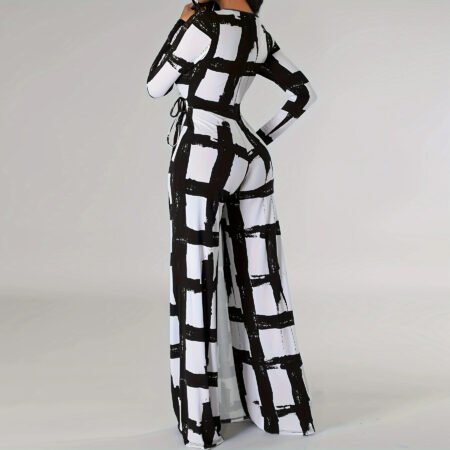 Plus Size V-Neck Printed Long Sleeve Jumpsuit – Casual Elegance