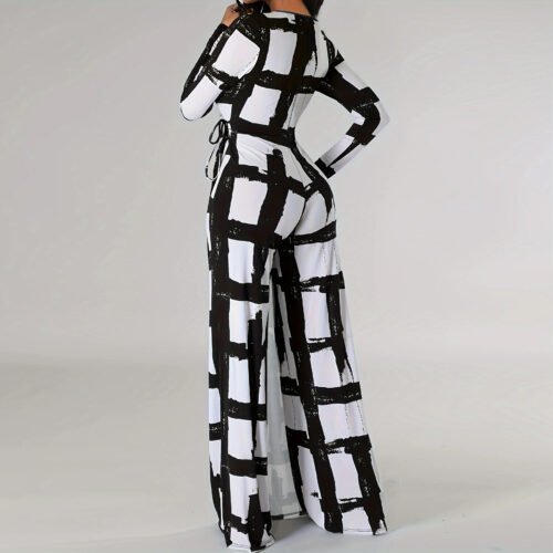 Plus Size V-Neck Printed Long Sleeve Jumpsuit – Casual Elegance