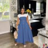 Elegant Office Denim Contrast Stitching A-Line Overall Waist Dress