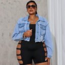 Edgy Plus Size Ripped Denim Jacket with Long Sleeves