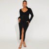 Plus Size Split V-Neck Hip Long Sleeve French Dress