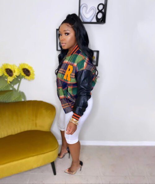 Plus Size Embroidered Faux Leather Varsity Jacket