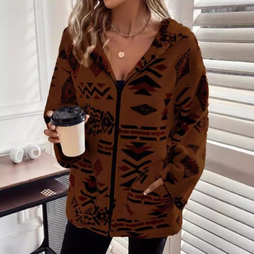 Plus Size European-Style Totem Print Plush Cardigan