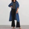 Long Denim Windbreaker Coat with Pockets