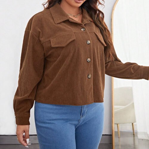 Plus Size Casual Corduroy Collared Short Jacket