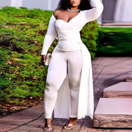 Plus Size Sexy Asymmetric Wrap-Chest Blouse & Pants Solid Color Two-Piece Set