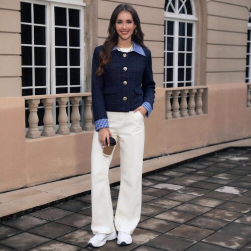 Color Contrast Check Collared Slim Short Coat