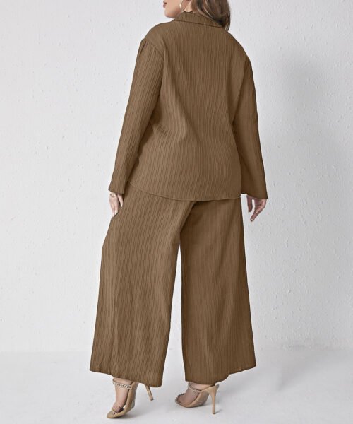 Plus Size Pleated Loose Shirt & High-Waist Trousers Spring-Autumn Two-Piece Set
