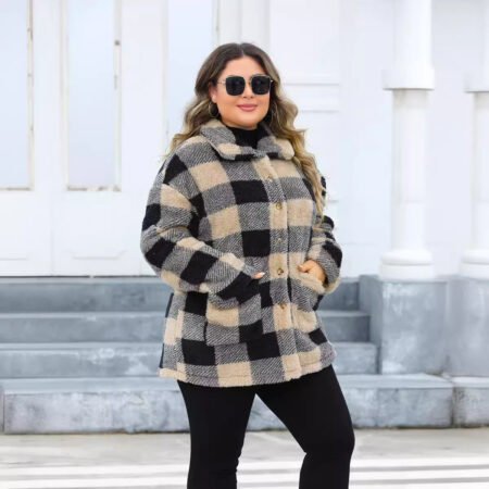 Plus Size Thickened Plaid Fleece Coat with Turn-Down Collar