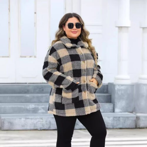 Plus Size Thickened Plaid Fleece Coat with Turn-Down Collar