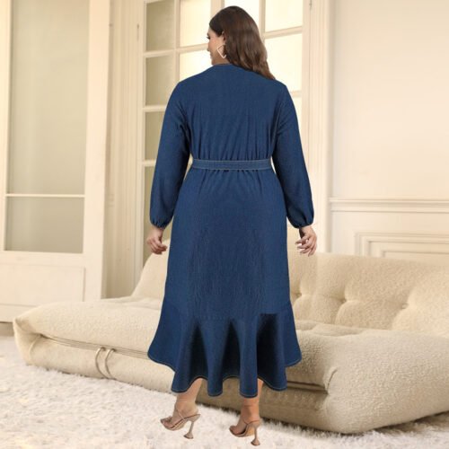 Plus Size Denim Irregular Asymmetric Maxi Dress with Tie Sleeves