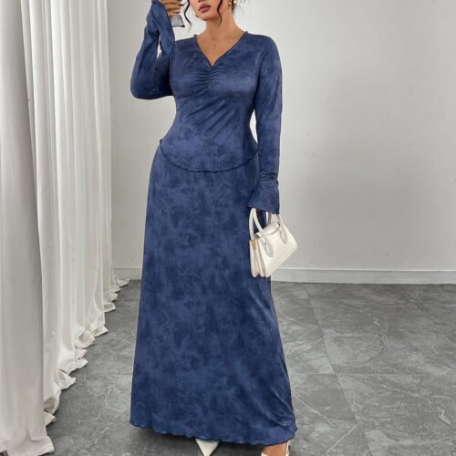 Elegant V-Neck Long Sleeve A-Line Skirt Set