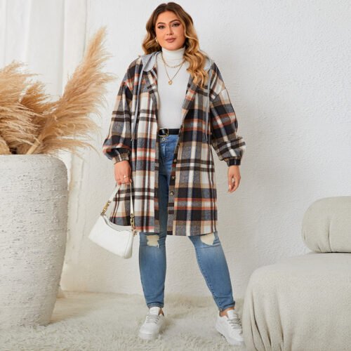 Plus Size Autumn Winter Plaid Hooded Coat