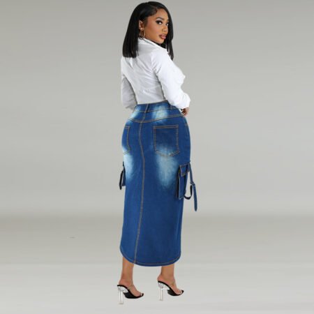 Plus Size Trendy Denim Split Long Skirt with Bag Pockets