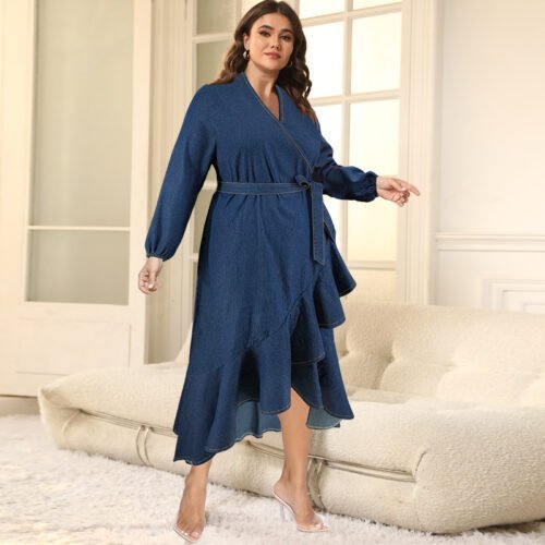 Plus Size Denim Irregular Asymmetric Maxi Dress with Tie Sleeves