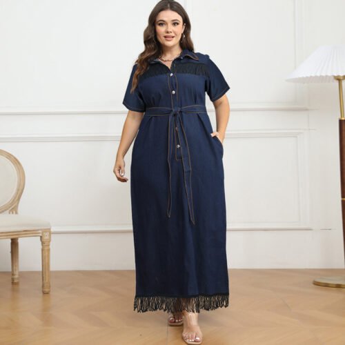 Plus Size Short Sleeve Tassel Button Belt Maxi Dress
