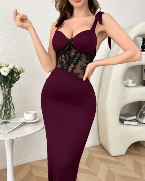 Lace See-Through Corset Dress with High Slit
