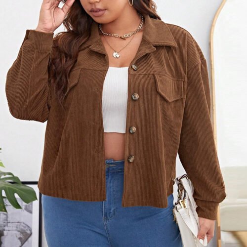 Plus Size Casual Corduroy Collared Short Jacket