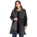 Plus Size Black Faux Leather Slim Fit Coat with Stand-Up Collar
