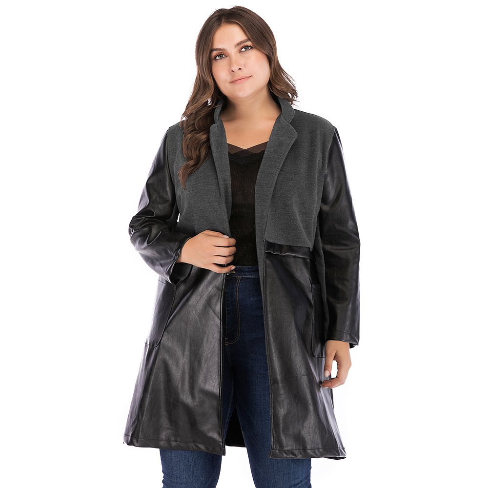 Plus Size Black Faux Leather Slim Fit Coat with Stand-Up Collar