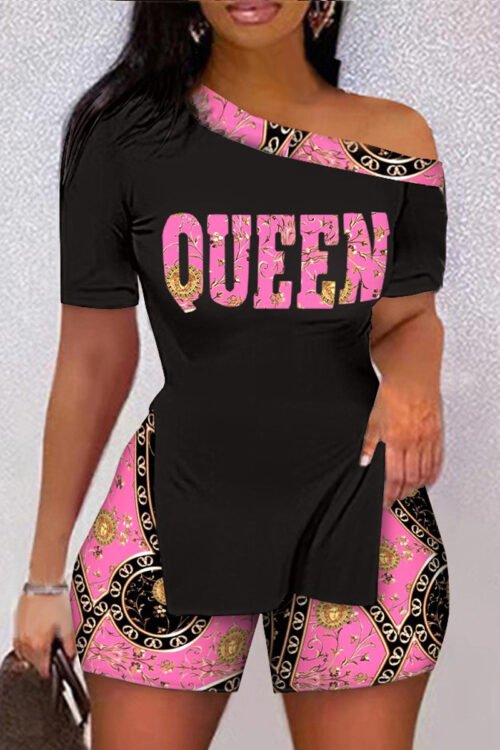 Plus Size Positioning Print Summer Two-Piece Shorts Set