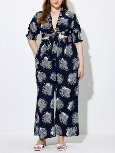 Plus Size Hawaiian Print Short Sleeve Top & Pants Summer Two-Piece Set