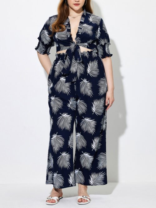 Plus Size Hawaiian Print Short Sleeve Top & Pants Summer Two-Piece Set