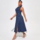 Women’s Sleeveless Nipped Waist Split Denim Dress