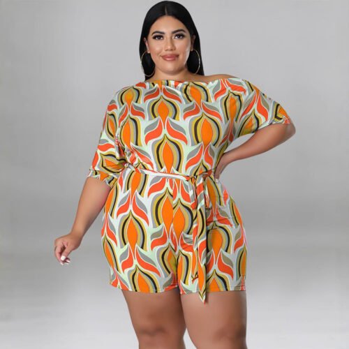 Plus Size Cross-Shoulder Printed Romper with Belt