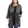 Plus Size Black Faux Leather Slim Fit Coat with Stand-Up Collar