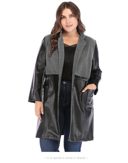 Plus Size Black Faux Leather Slim Fit Coat with Stand-Up Collar