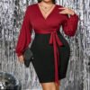 Plus Size Contrast V-Neck Slim Sheath Long Sleeve Dress