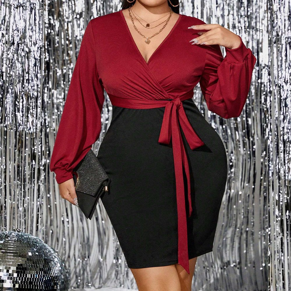 Plus Size Contrast V-Neck Slim Sheath Long Sleeve Dress