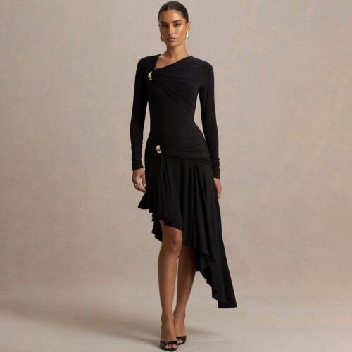 Pleated Asymmetric Slim Maxi Dress for Autumn Winter